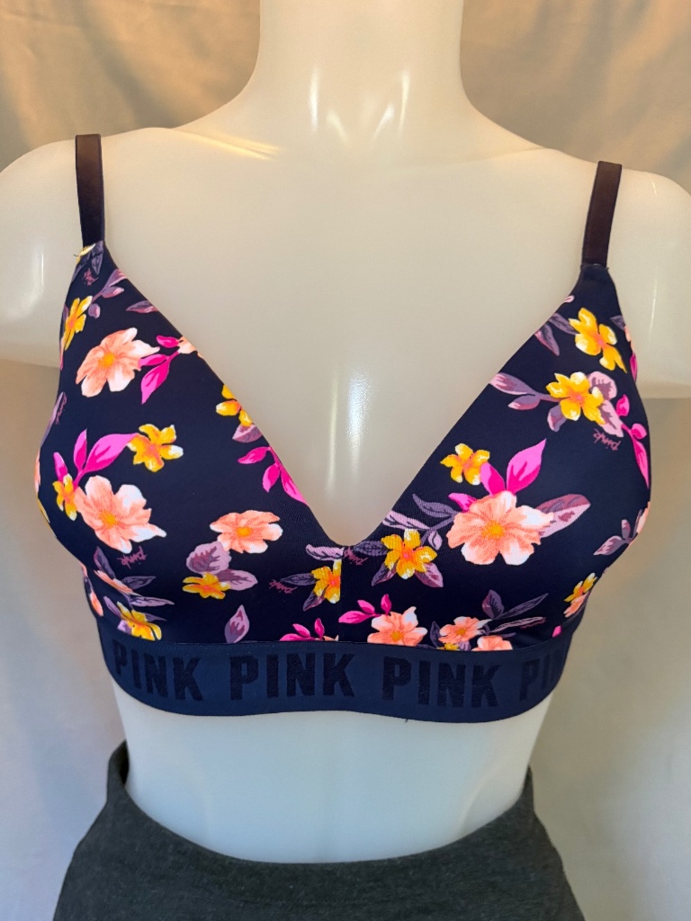 PINK Wear Everywhere Wireless Bra in Navy Blue with Floral - Size 34D (NWT)